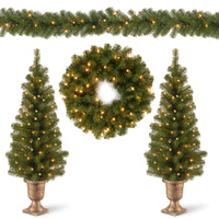 Pre-Lit Evergreen Assortment Set of 2 Entrance Trees, 1 Wreath, 1 Garland - National Tree Company