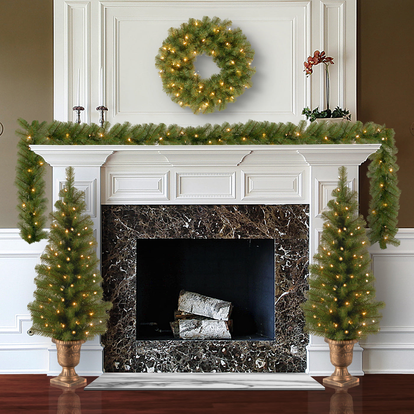 Pre-Lit Evergreen Assortment Set of 2 Entrance Trees, 1 Wreath, 1 Garland - National Tree Company