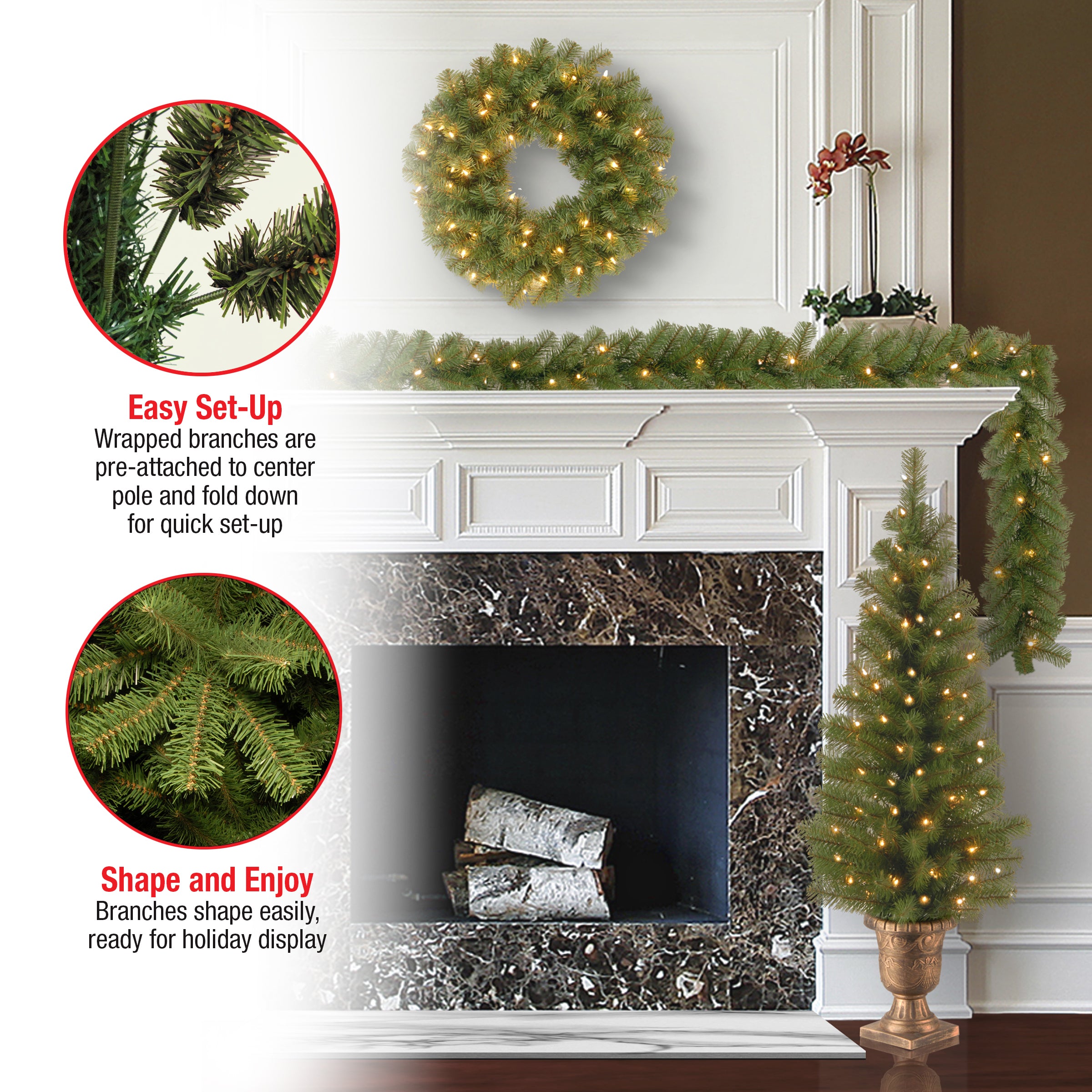 Pre-Lit Evergreen Assortment Set of 2 Entrance Trees, 1 Wreath, 1