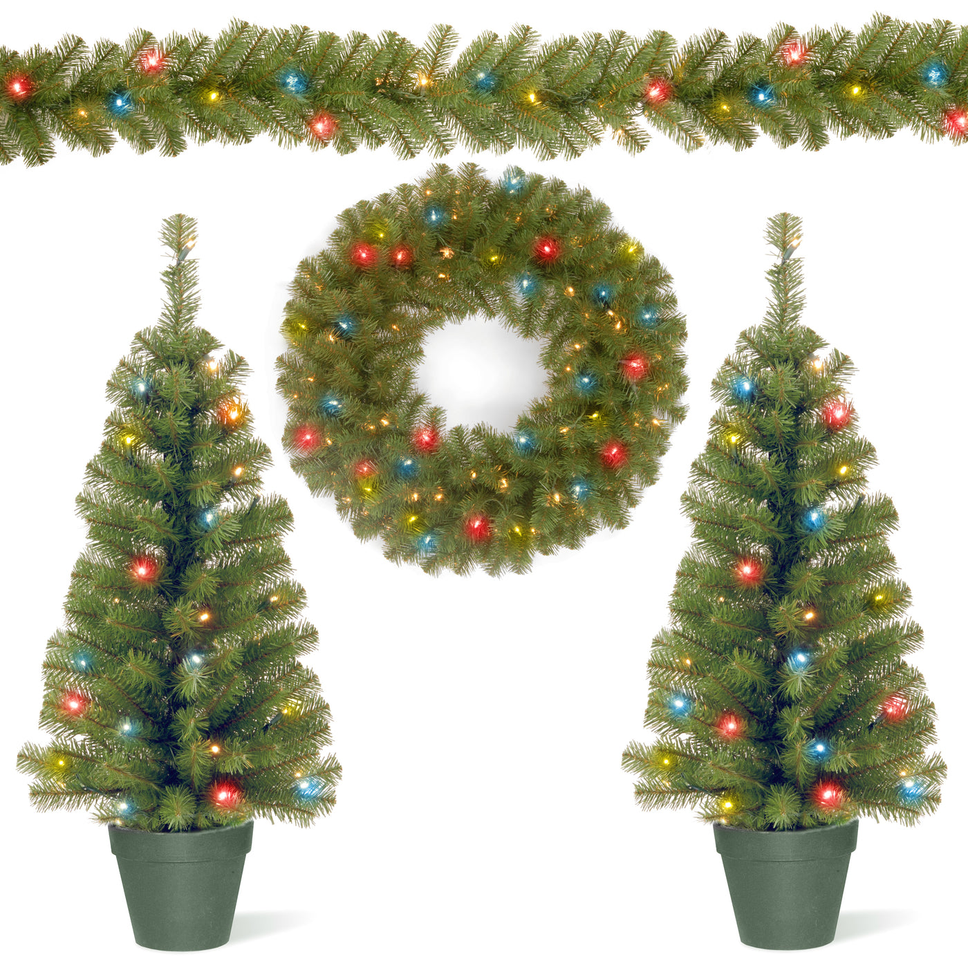 Pre-Lit Promotional Green Assortment Set of 2 Entrance Trees, 1 Wreath, 1 Garland - National Tree Company