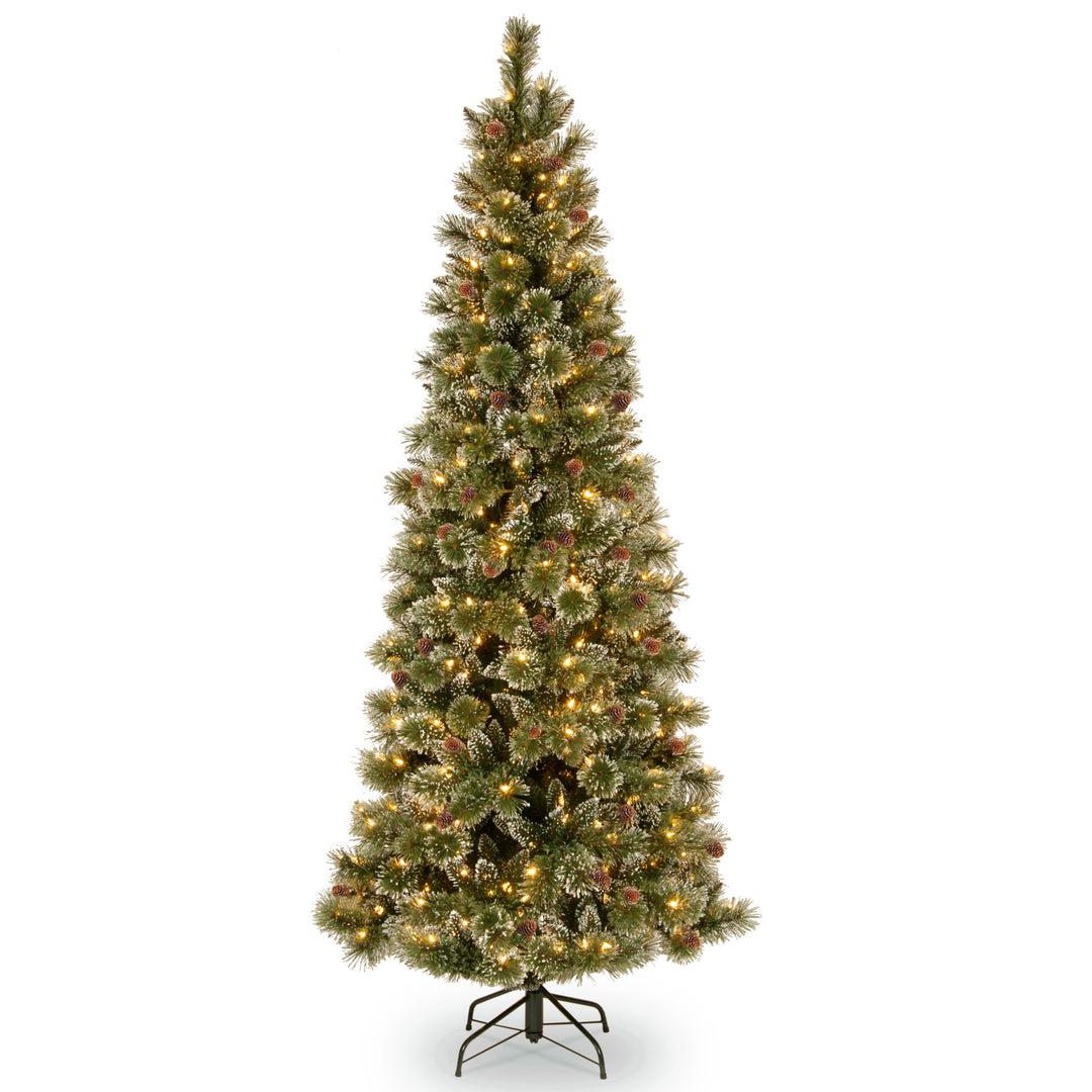 National Tree Company Pre-Lit Artificial Slim Christmas Tree, Glittering Pine, Green, White Lights, Decorated with Pine Cones, Includes Stand, 9 Feet