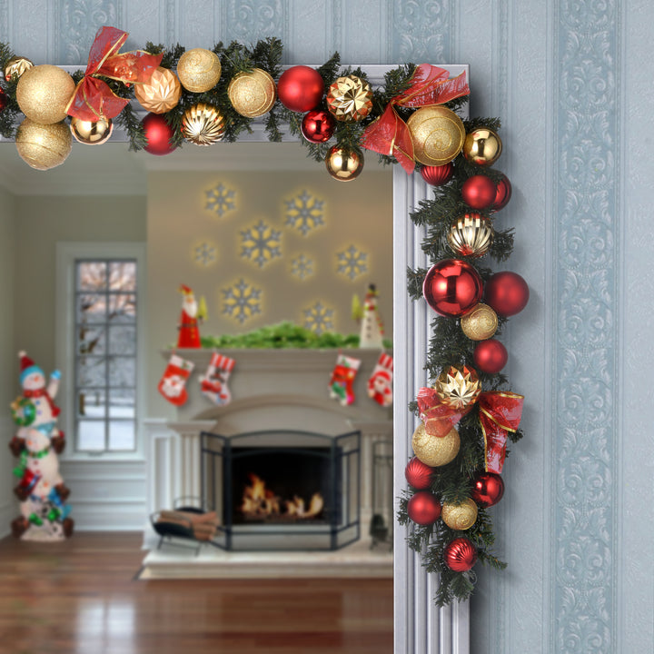 Artificial Christmas Garland, Green, Evergreen, Decorated with Ball Ornaments, Ribbon Bows, Christmas Collection, 9 Feet