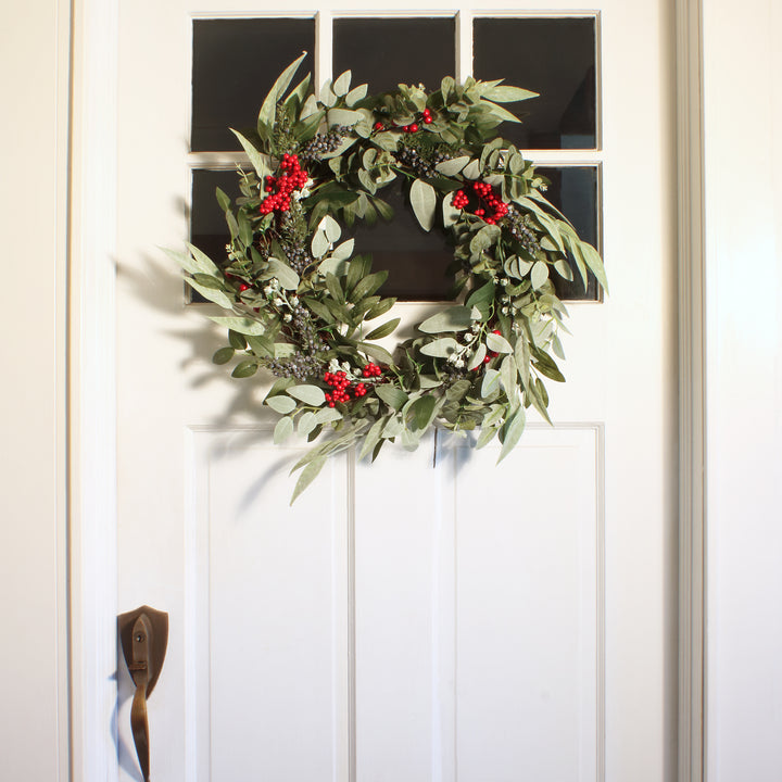 National Tree Company Artificial Christmas Leafy Eucalyptus and Berry Wreath, Decorated with Flower Buds and Berry Clusters, Rustic, 24 in