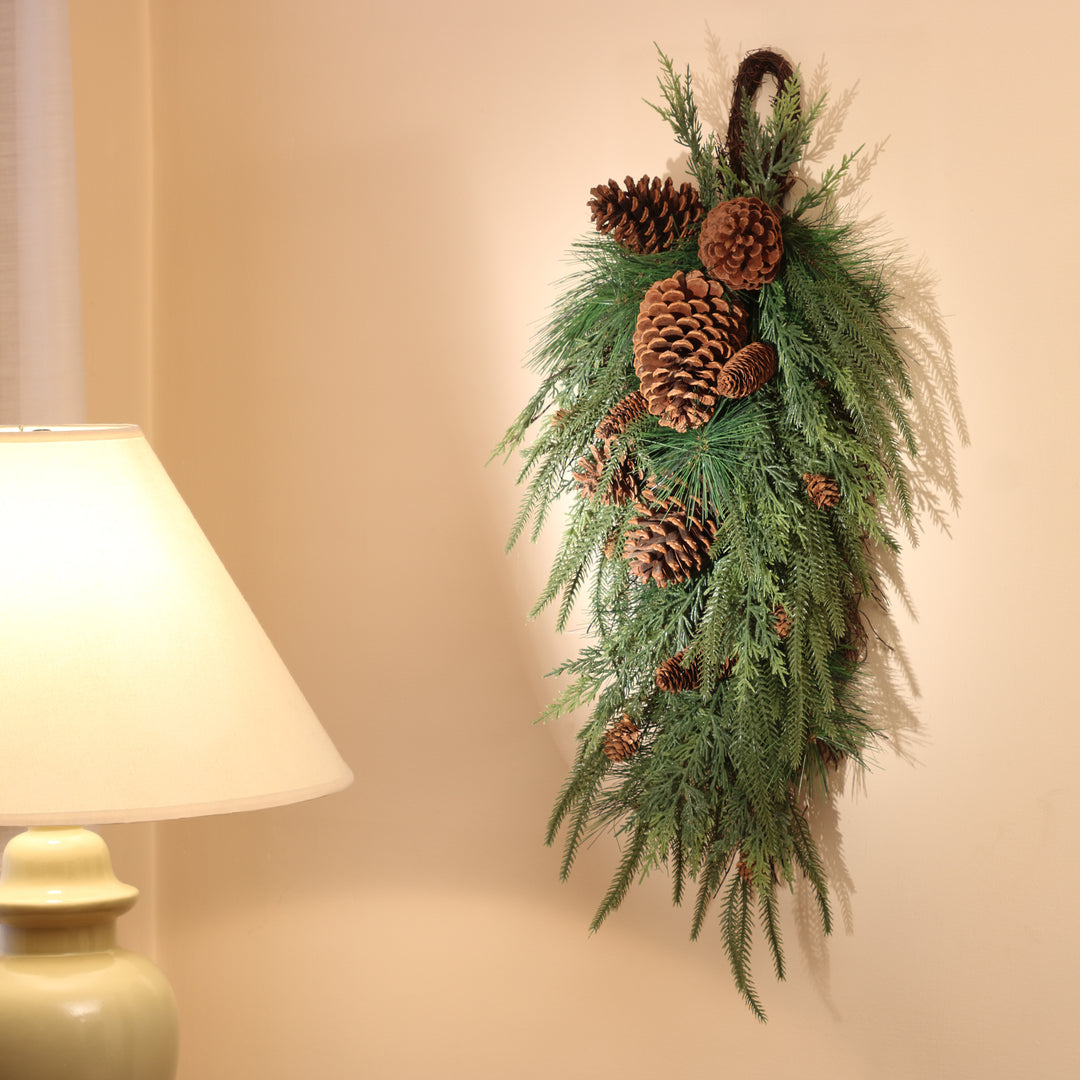 National Tree Company Mixed Pine Christmas Teardrop with Cypress Tips, Pinecones, 32 in