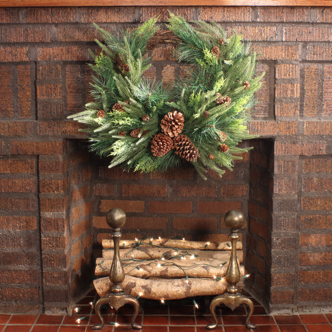 National Tree Company Artificial Mixed Bristle Branch Pine Christmas Wreath, Decorated with Woven Branch Base, Light Green Cypress Tips and Pinecones, 26 in