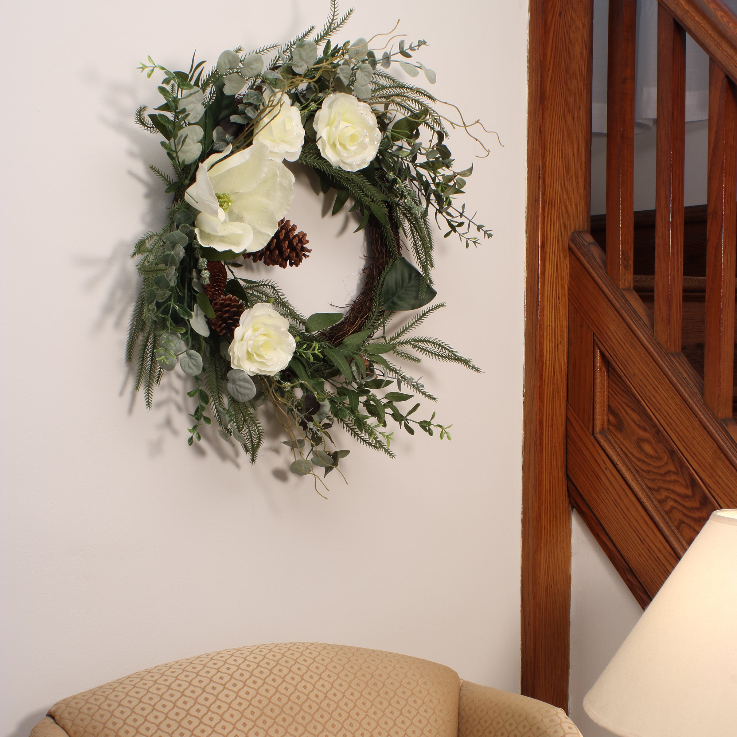 26 in. Mixed Greens and White Flowers Decorated Wreath · National