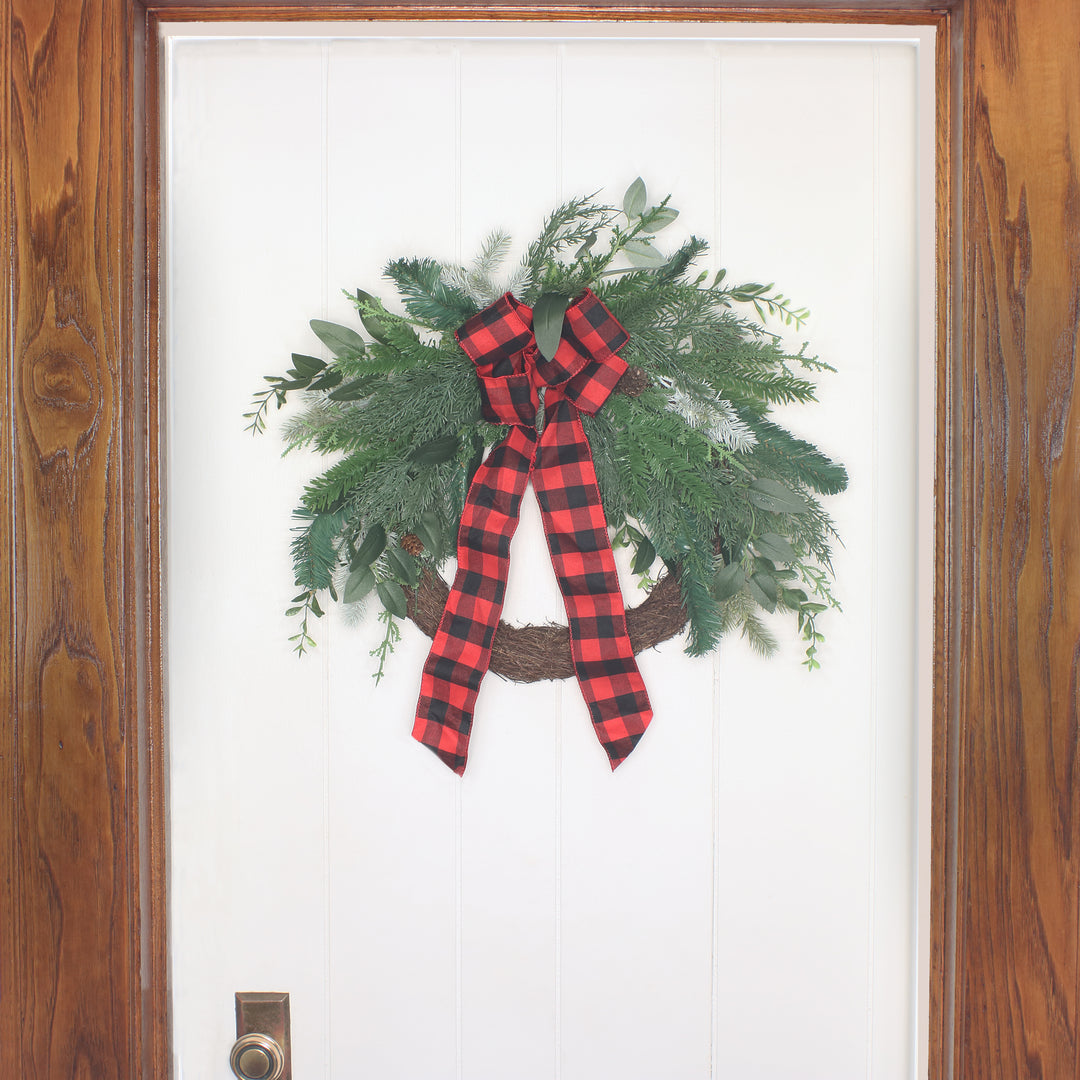 National Tree Company Artificial Mixed Pine and Bow Christmas Wreath, Evergreen Branch Tips and Leafy Greens Decorated with Petite Pinecones, Red & Black Plaid Bow, 22 in