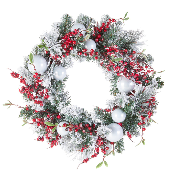 Artificial Christmas Wreath, Green, Evergreen, Decorated with Frosted Branches, Ball Ornaments, Berry Clusters, Christmas Collection, 24 Inches