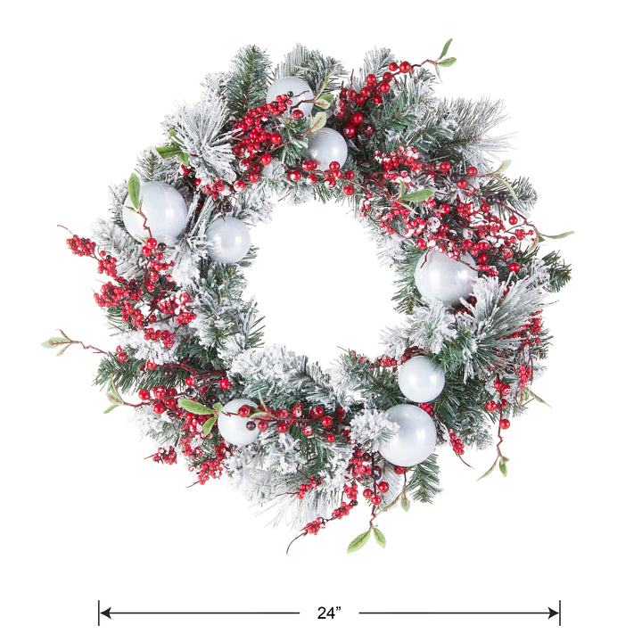 Artificial Christmas Wreath, Green, Evergreen, Decorated with Frosted Branches, Ball Ornaments, Berry Clusters, Christmas Collection, 24 Inches