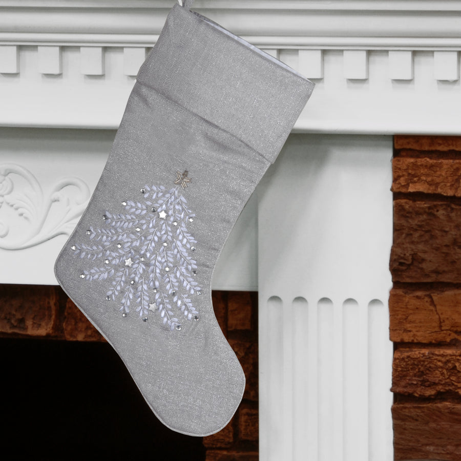 19 in. Silver Stocking with Christmas Tree Design