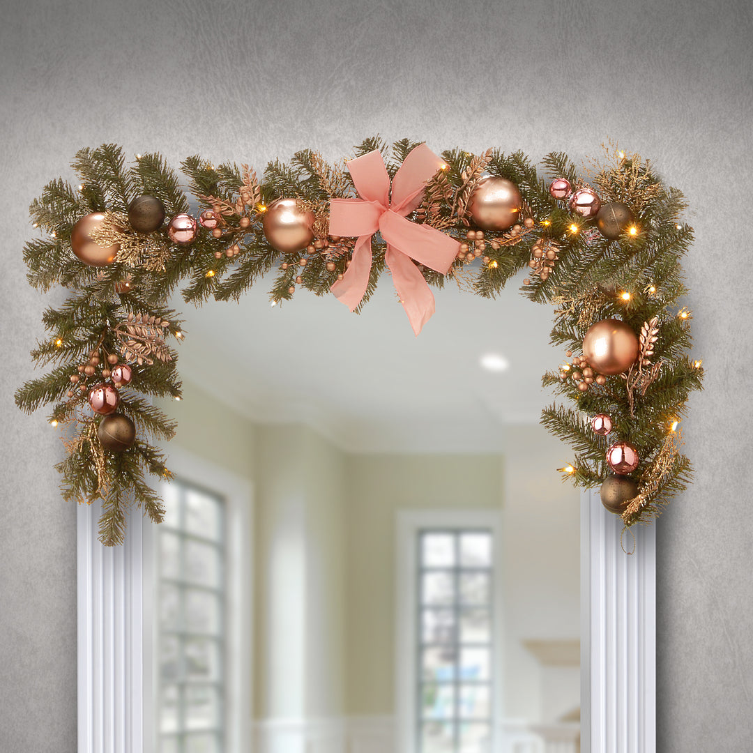 National Tree Company Artificial Christmas Garland, Green, Norwood Fir, Decorated With Pink Ribbon Bows, Berry Clusters, Ball Ornaments, Christmas Collection, 9 Feet