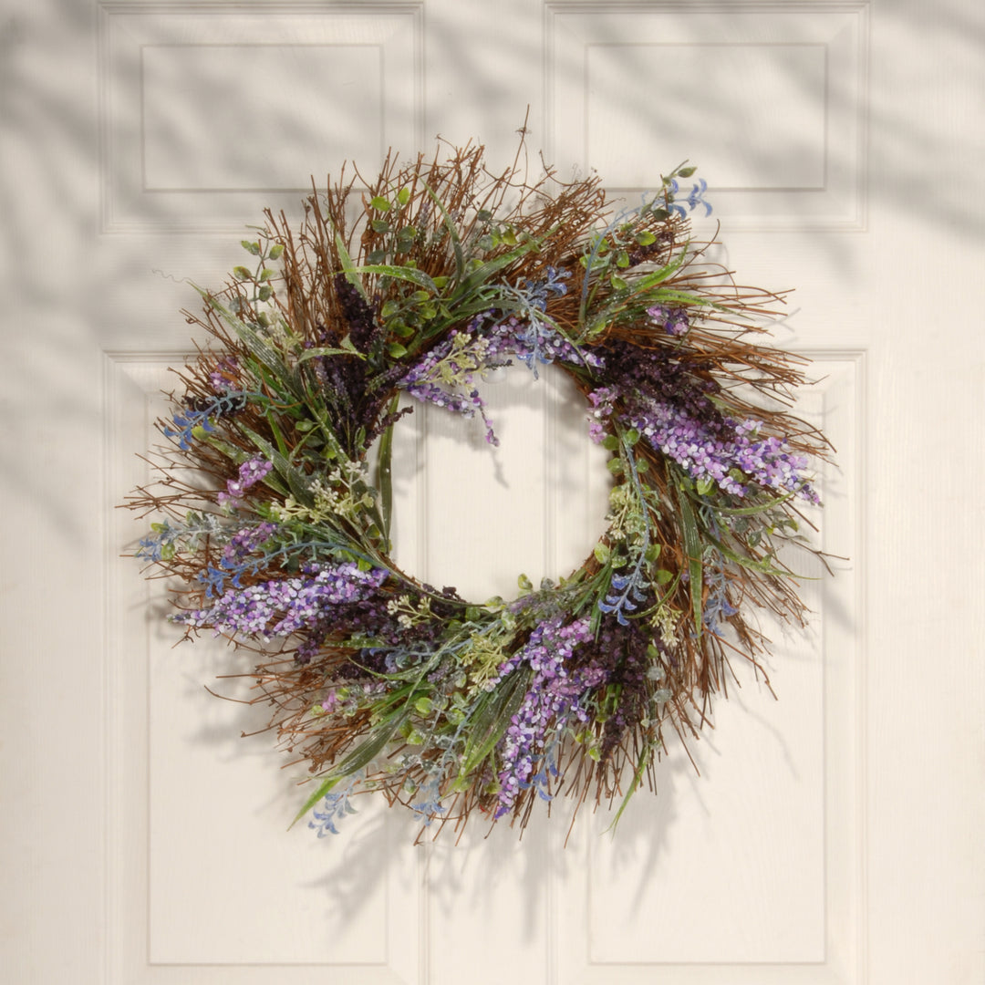 Artificial Hanging Wreath, Woven Vine Base, Decorated with Mixed Leaves, Seed Pods, Spring Collection, 22 Inches