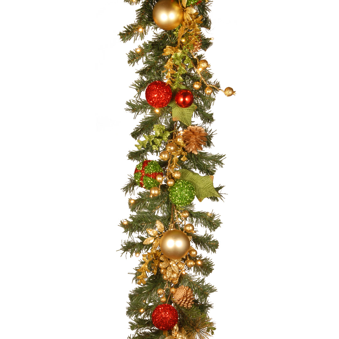 National Tree Company Pre-Lit Artificial Christmas Garland, Green, Evergreen, White Lights, Decorated With Ball Ornaments, Leaves, Pine Cones, Berry Clusters, Battery Powered, Christmas Collection, 6 Feet