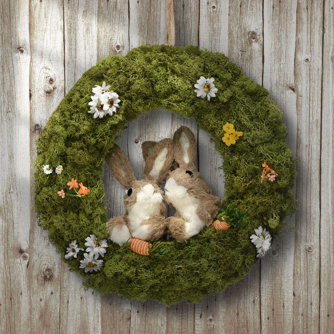 Artificial Wreath, Decorated with Flower Blooms, Rabbits, Easter Collection, 15 Inches