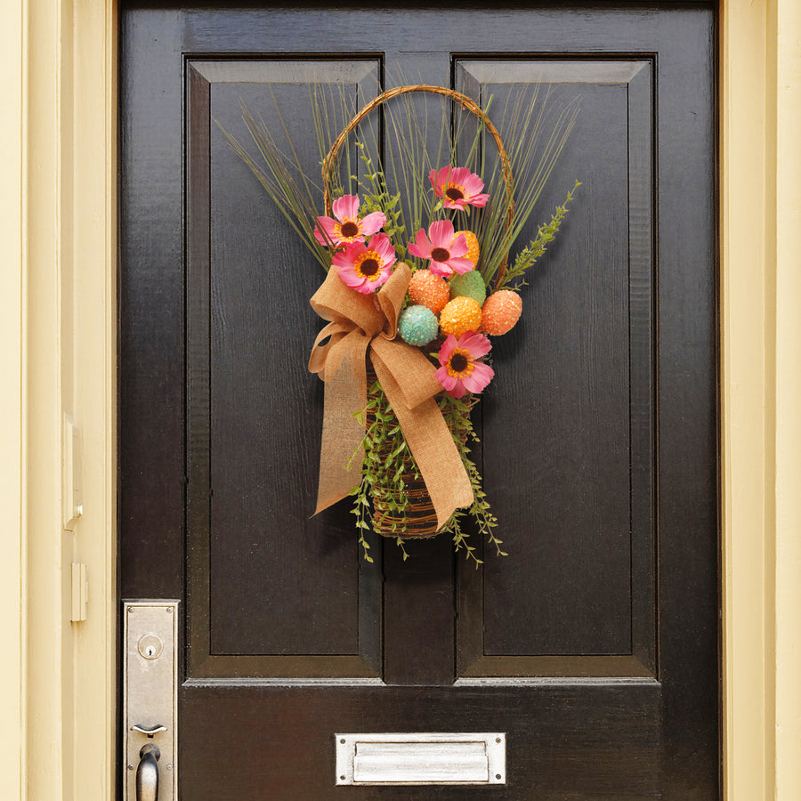 23 in. Easter Stuffed Hanging Wall Basket Stuffed with Pastel Eggs, Ribbon, Flower Blooms