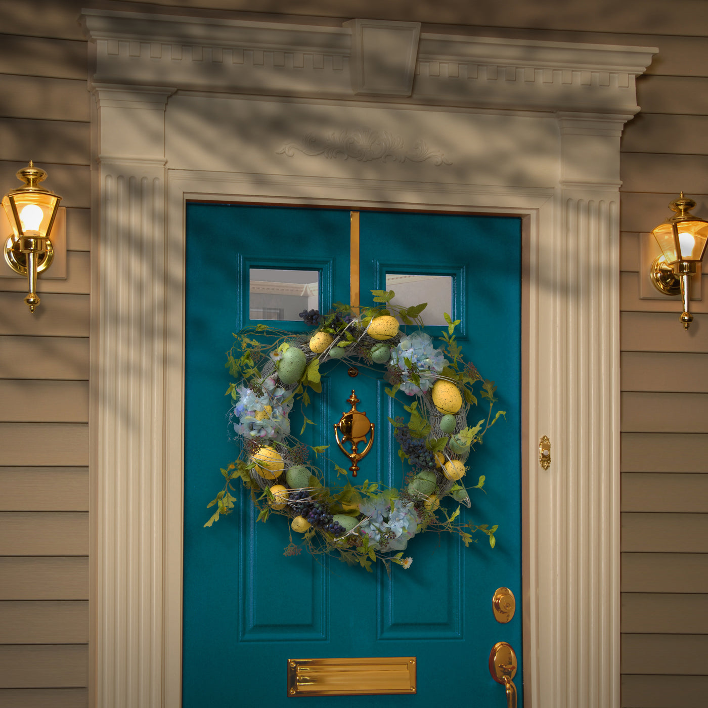 Artificial Spring Wreath, Decorated with Pastel Eggs, Berry Clusters, Hydrangea Blooms, Easter Collection, 18 Inches - National Tree Company