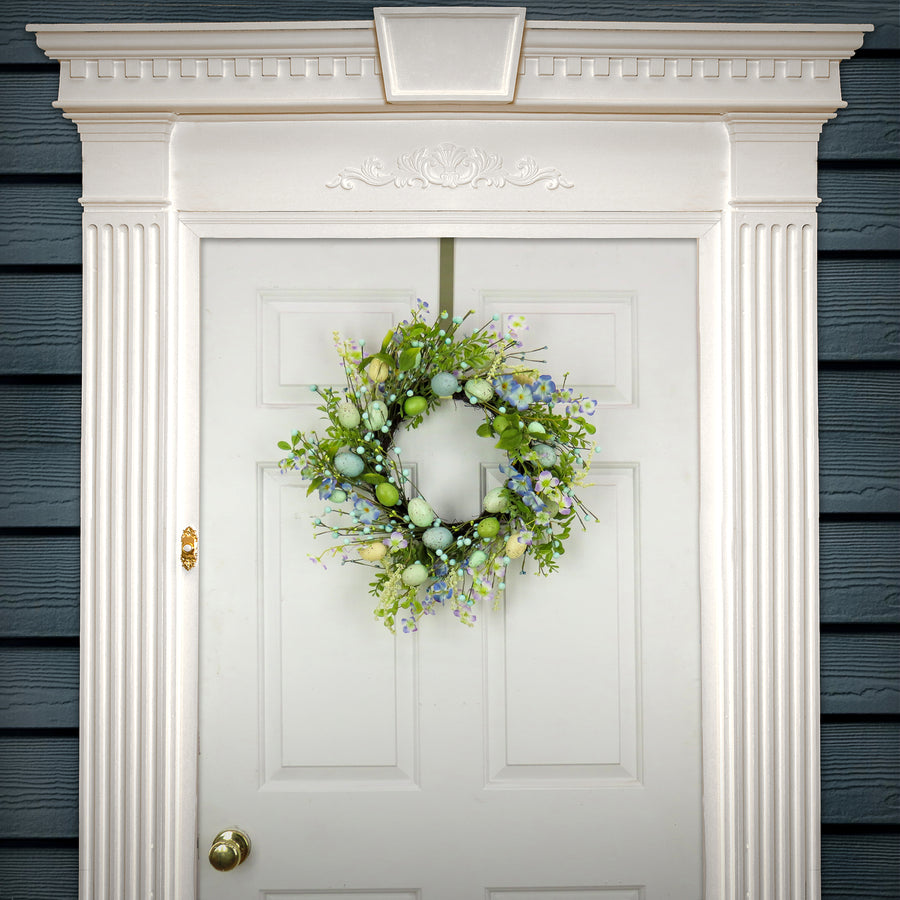 20 in. Easter Wreath Decorated with Blue Flower Blooms, Pastel Eggs