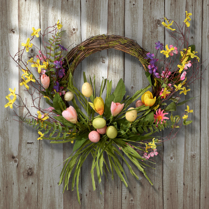 Artificial Spring Wreath, Decorated with Pastel Eggs, Flower Blooms, Easter Collection, 20 Inches