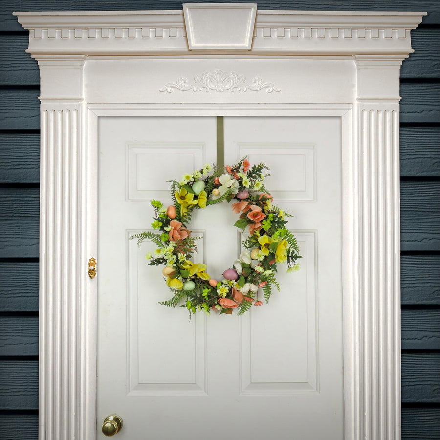 22 in. Easter Wreath Decorated with Colorful Pastel Eggs, Pink and Yellow Flowers