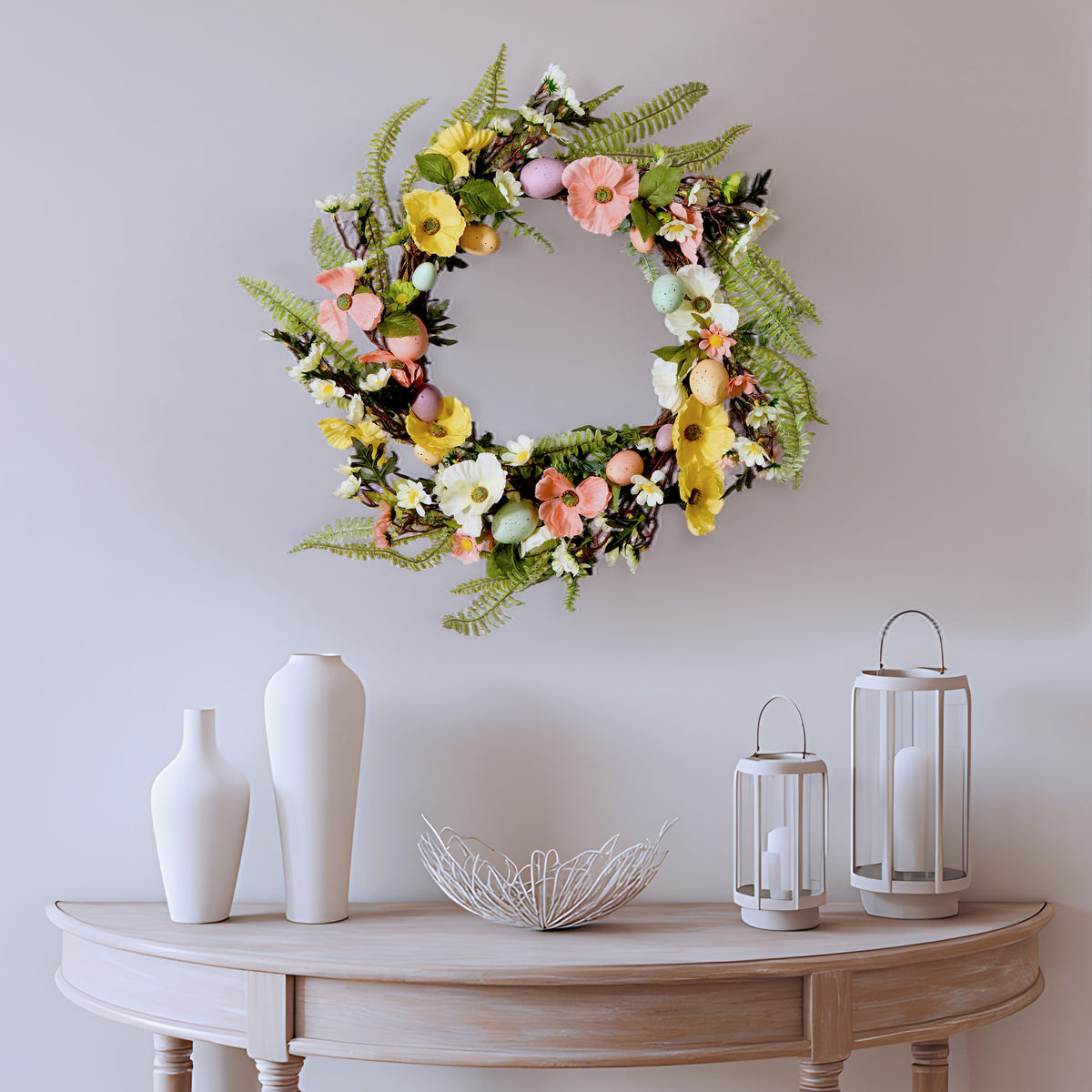 22 in. Easter Wreath Decorated with Colorful Pastel Eggs, Pink and Yellow Flowers, Ferns, Leafy Greens - National Tree Company