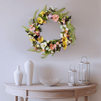 22 in. Easter Wreath Decorated with Colorful Pastel Eggs, Pink and Yellow Flowers, Ferns, Leafy Greens - National Tree Company