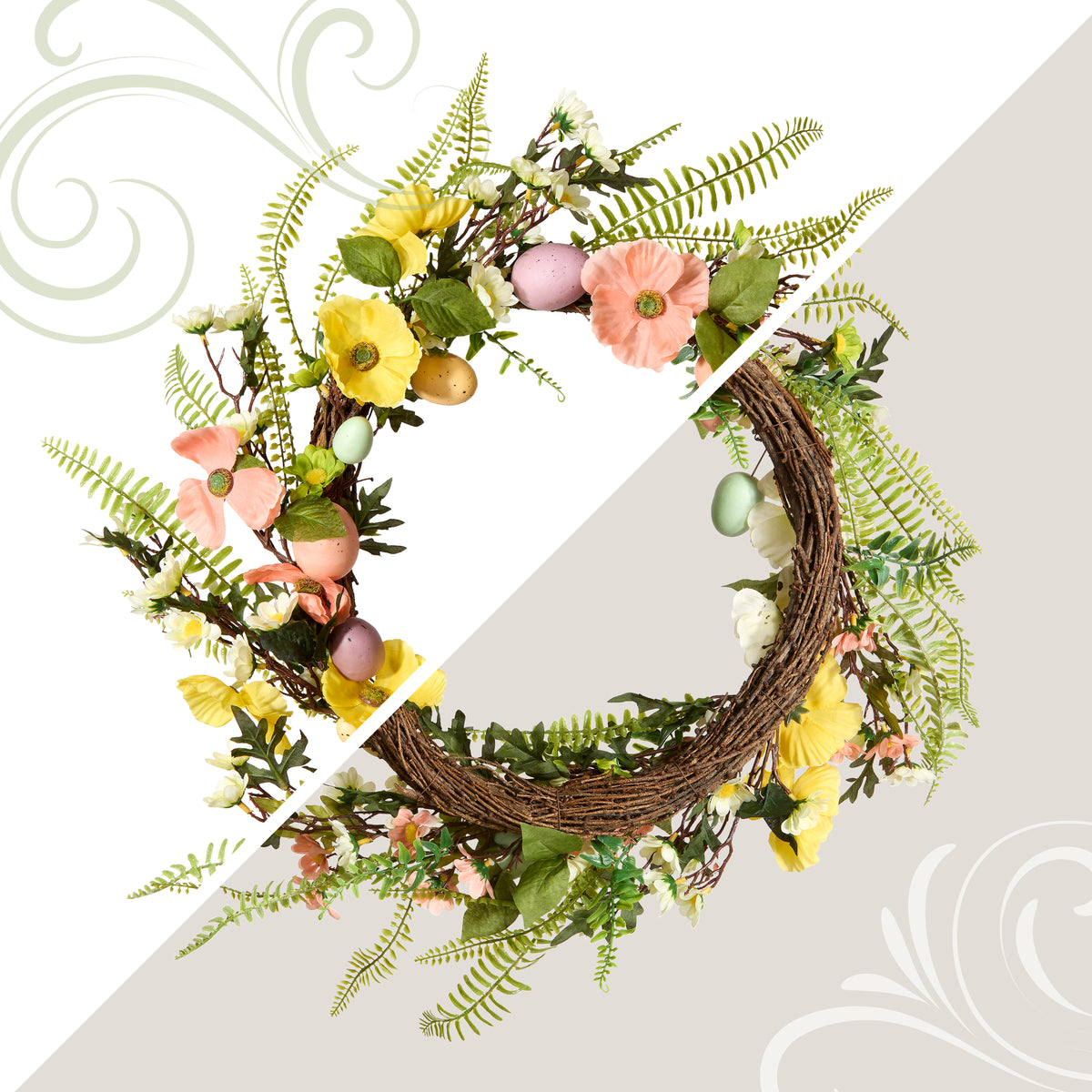 22 in. Easter Wreath Decorated with Colorful Pastel Eggs, Pink and Yellow Flowers, Ferns, Leafy Greens - National Tree Company