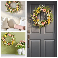 22 in. Easter Wreath Decorated with Colorful Pastel Eggs, Pink and Yellow Flowers, Ferns, Leafy Greens - National Tree Company