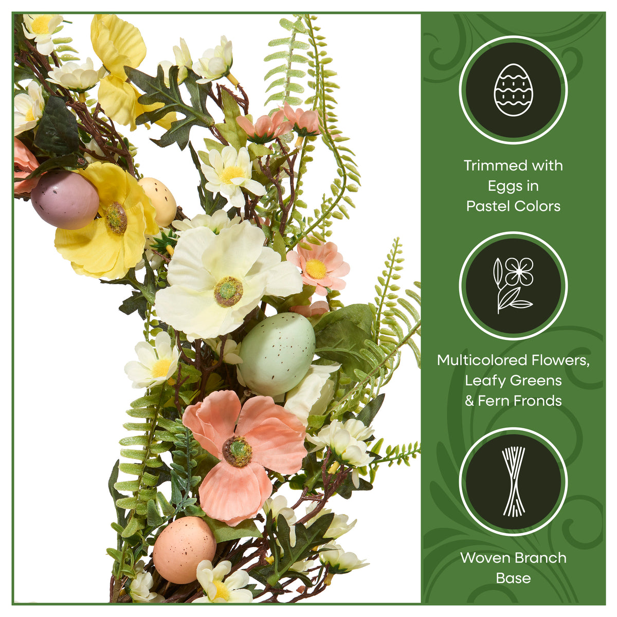 22 in. Easter Wreath Decorated with Colorful Pastel Eggs, Pink and Yellow Flowers, Ferns, Leafy Greens - National Tree Company