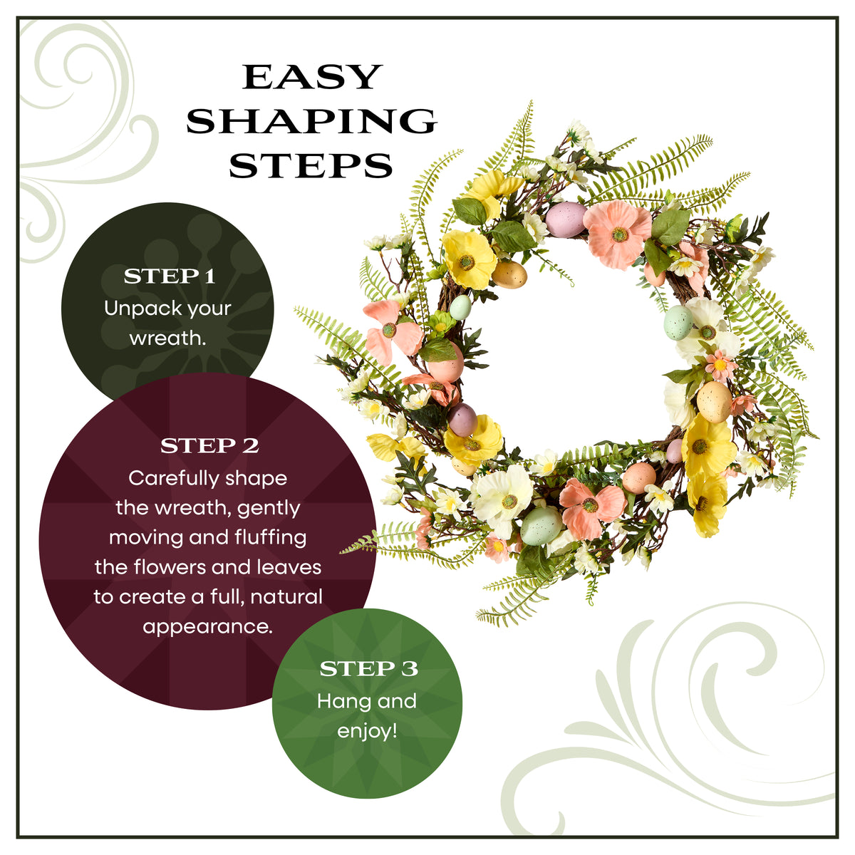 22 in. Easter Wreath Decorated with Colorful Pastel Eggs, Pink and Yellow Flowers, Ferns, Leafy Greens - National Tree Company