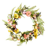 22 in. Easter Wreath Decorated with Colorful Pastel Eggs, Pink and Yellow Flowers, Ferns, Leafy Greens - National Tree Company