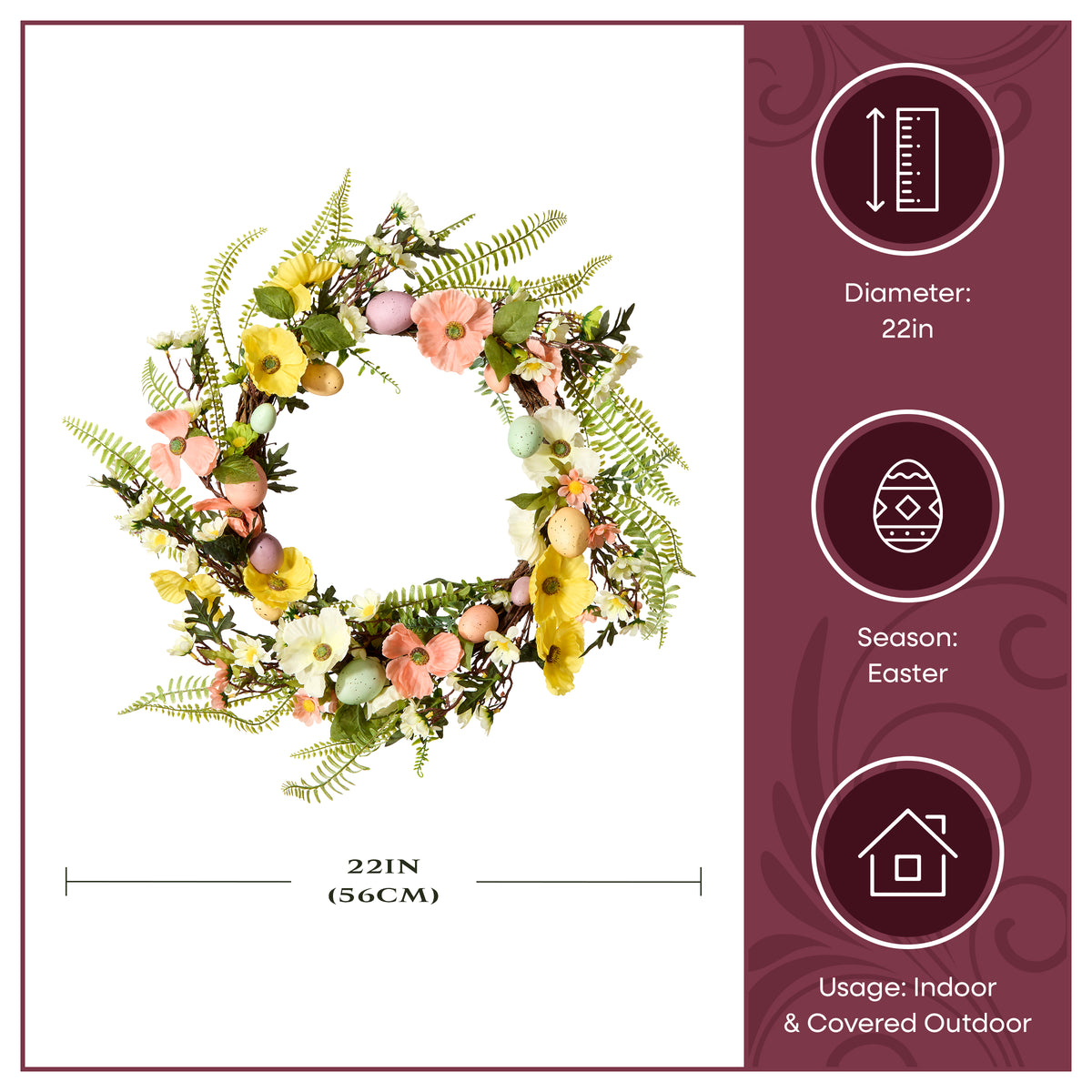 22 in. Easter Wreath Decorated with Colorful Pastel Eggs, Pink and Yellow Flowers, Ferns, Leafy Greens - National Tree Company