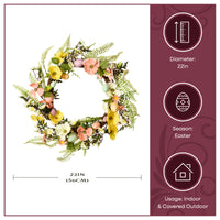 22 in. Easter Wreath Decorated with Colorful Pastel Eggs, Pink and Yellow Flowers, Ferns, Leafy Greens - National Tree Company