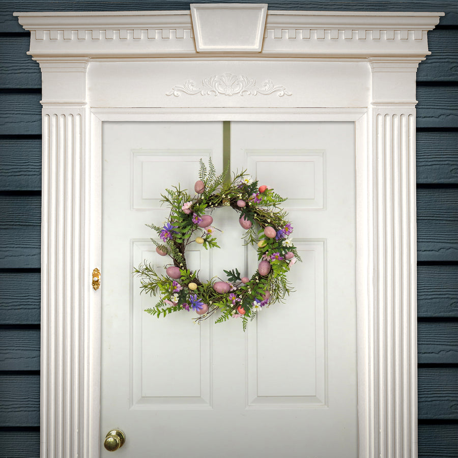 22 in. Easter Wreath Decorated with Pink Pastel Eggs, Purple Flowers, Ferns, Leafy Greens