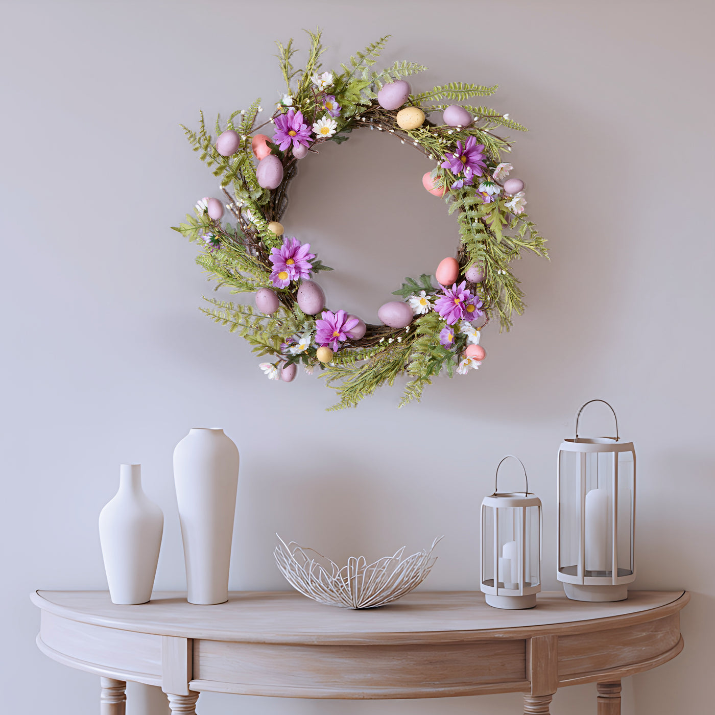 22 in. Easter Wreath with Pink and Pastel Eggs, Flowers and Ferns - National Tree Company