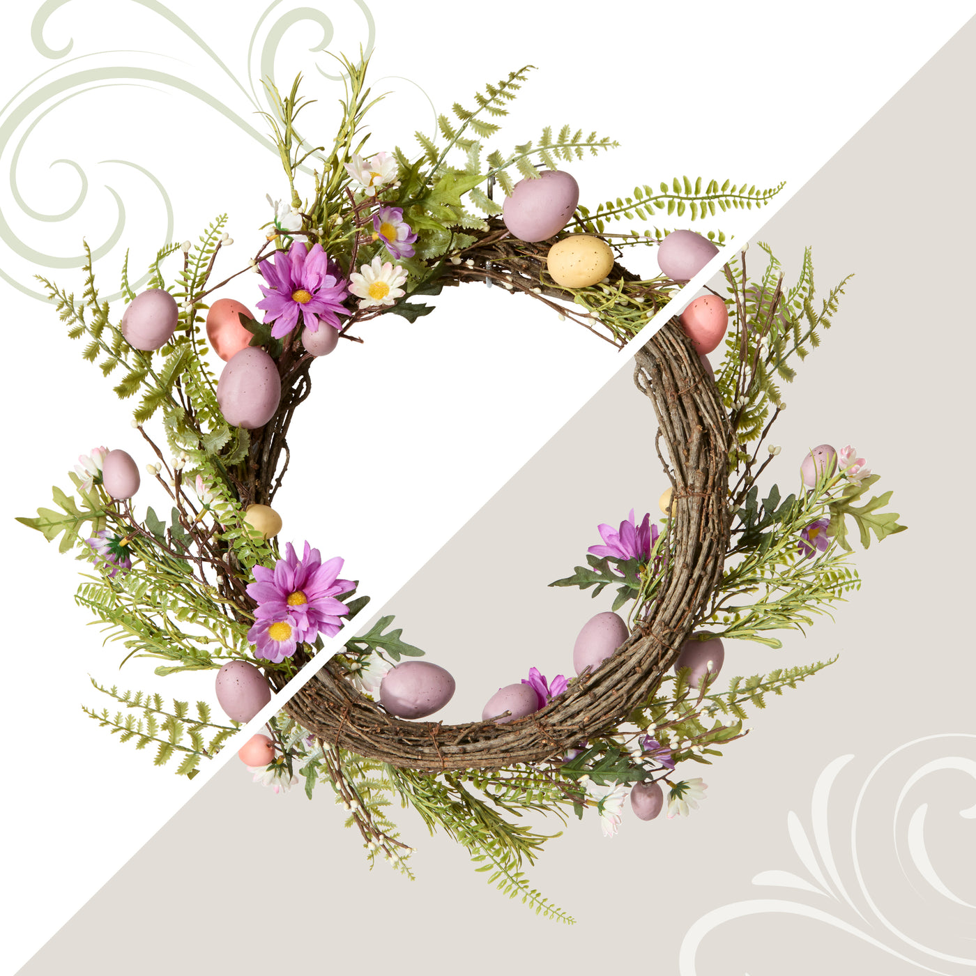 22 in. Easter Wreath with Pink and Pastel Eggs, Flowers and Ferns - National Tree Company