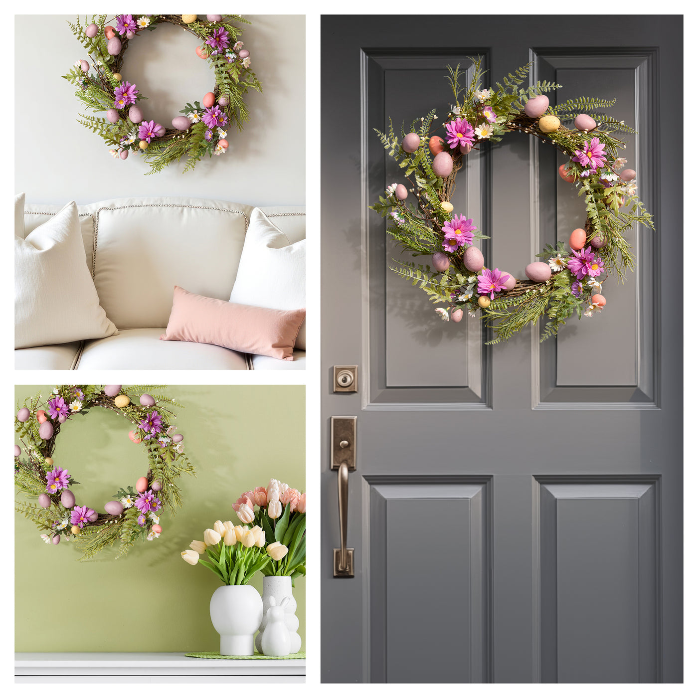 22 in. Easter Wreath with Pink and Pastel Eggs, Flowers and Ferns - National Tree Company