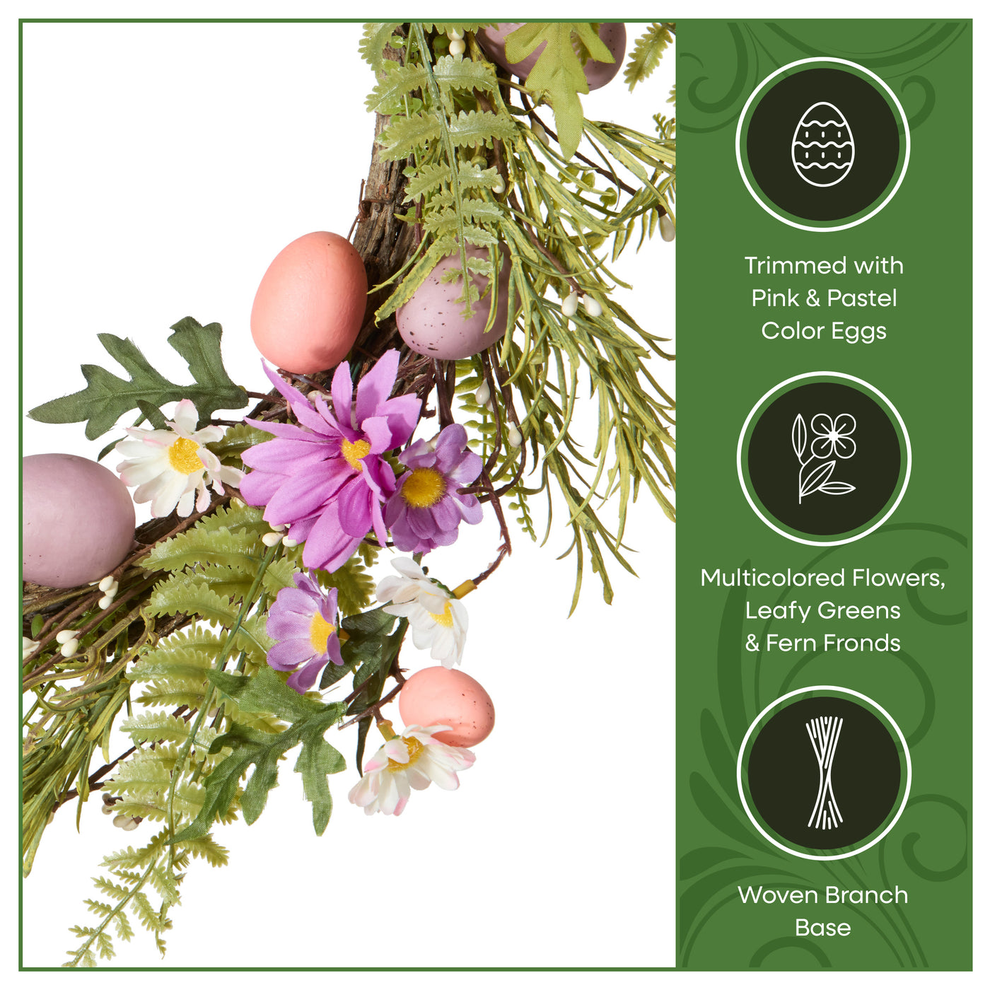 22 in. Easter Wreath with Pink and Pastel Eggs, Flowers and Ferns - National Tree Company