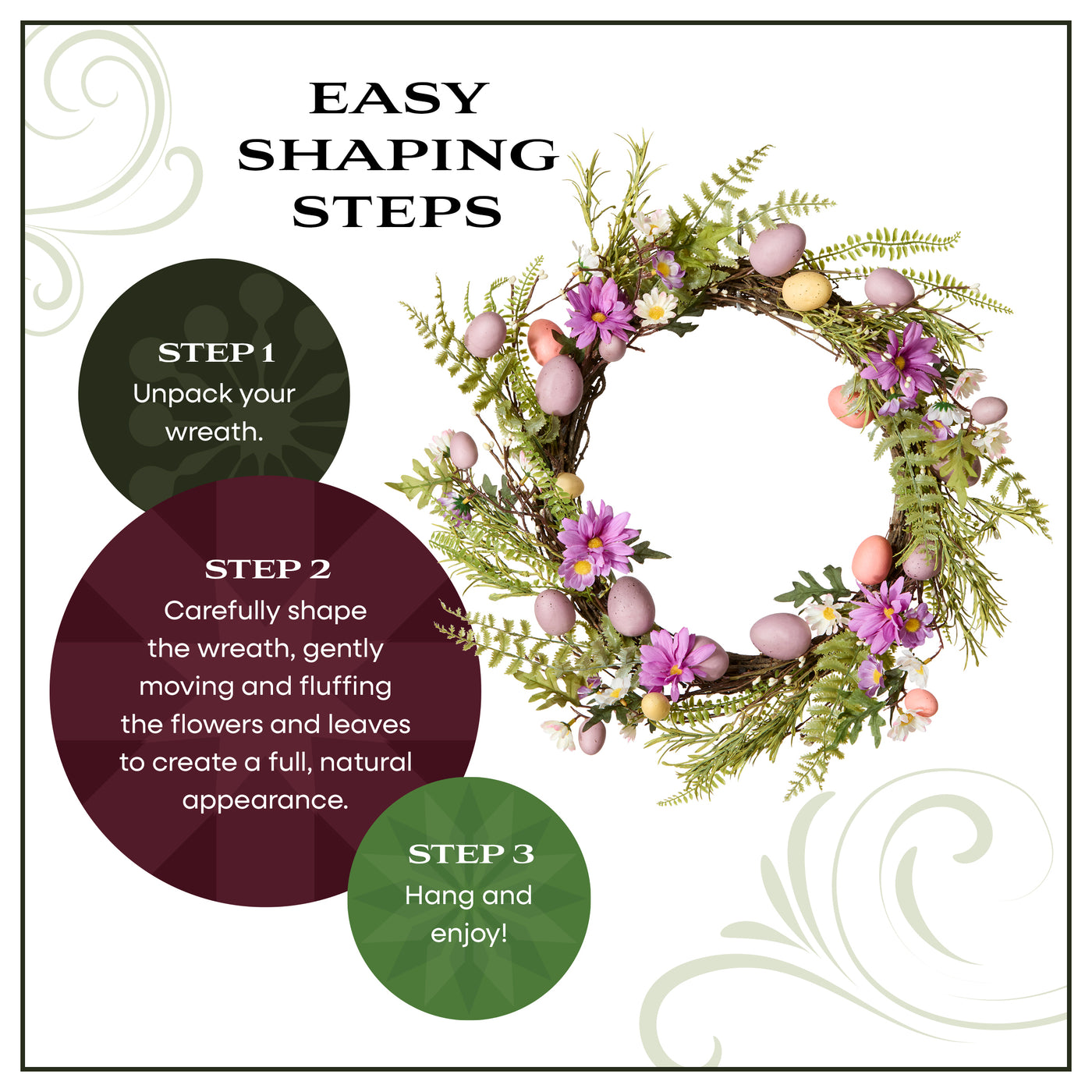 22 in. Easter Wreath with Pink and Pastel Eggs, Flowers and Ferns - National Tree Company