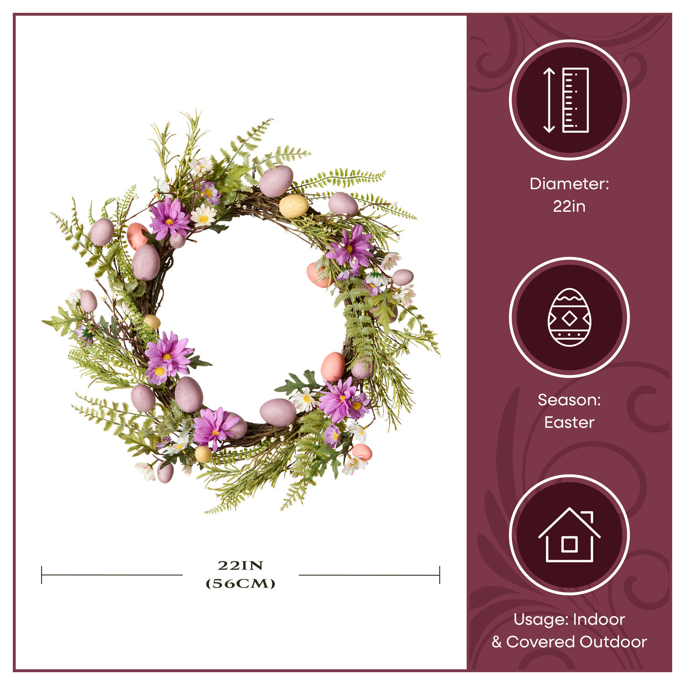 22 in. Easter Wreath with Pink and Pastel Eggs, Flowers and Ferns - National Tree Company
