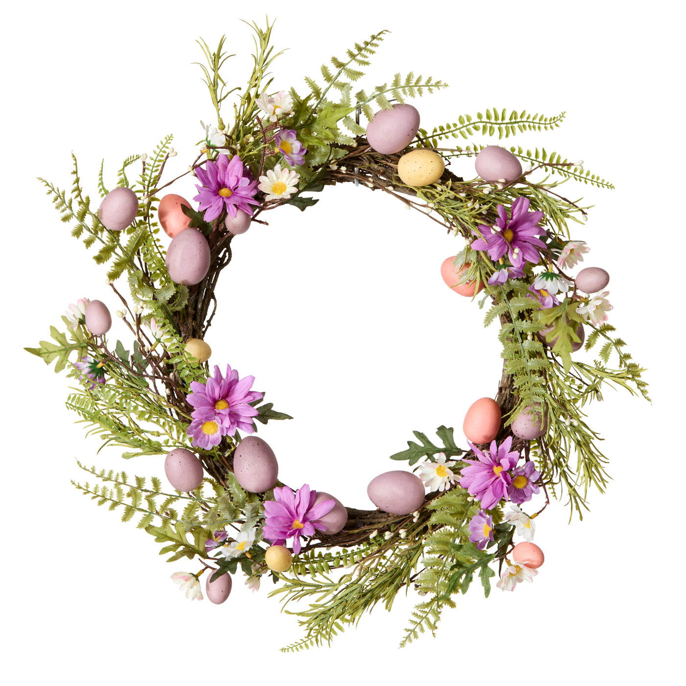 22 in. Easter Wreath with Pink and Pastel Eggs, Flowers and Ferns - National Tree Company