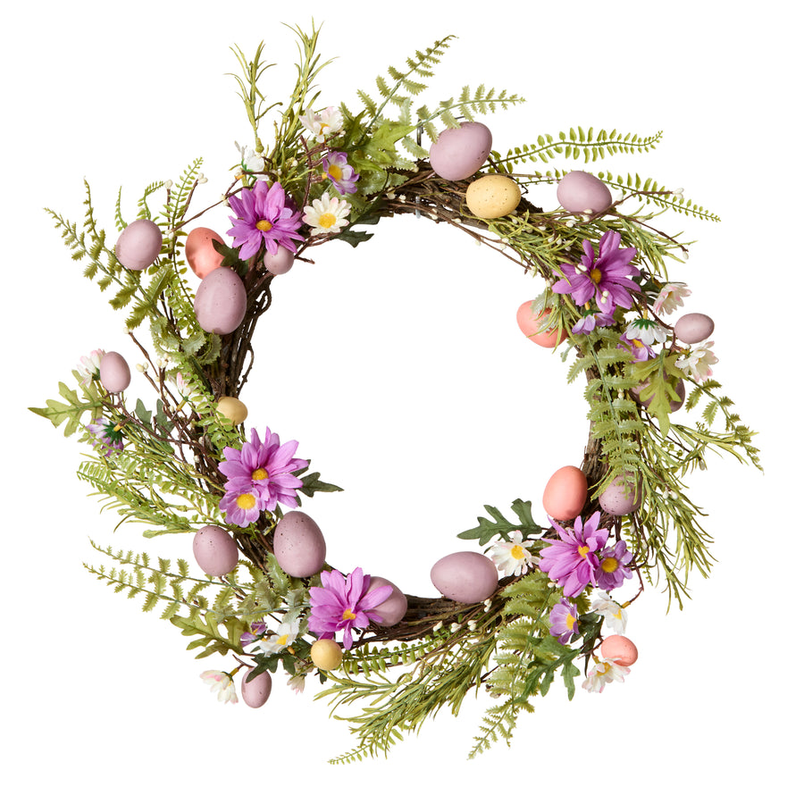 22 in. Easter Wreath with Pink and Pastel Eggs, Flowers and Ferns - National Tree Company
