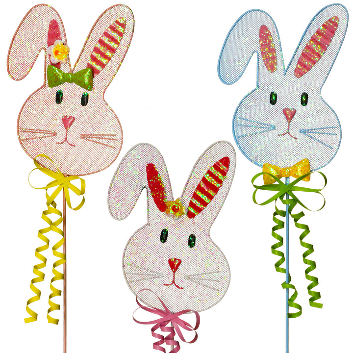 Easter Bunny Lawn Decorations, White, Pink and Blue, Stakes Attached, Set of 3, 24 Inches