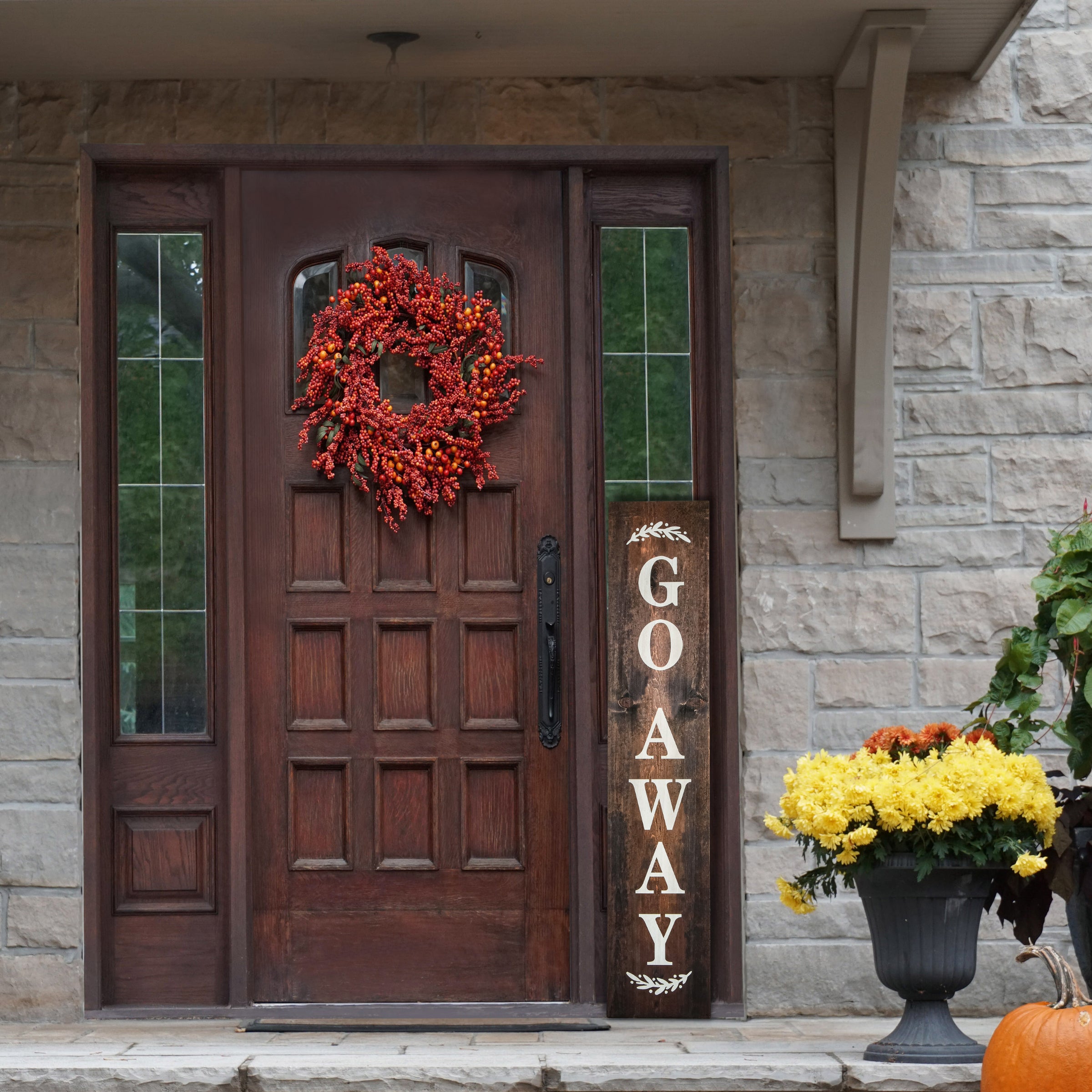 Halloween Hanging Porch Sign, Brown, 'Go Away', Wooden Construction, 39 Inches