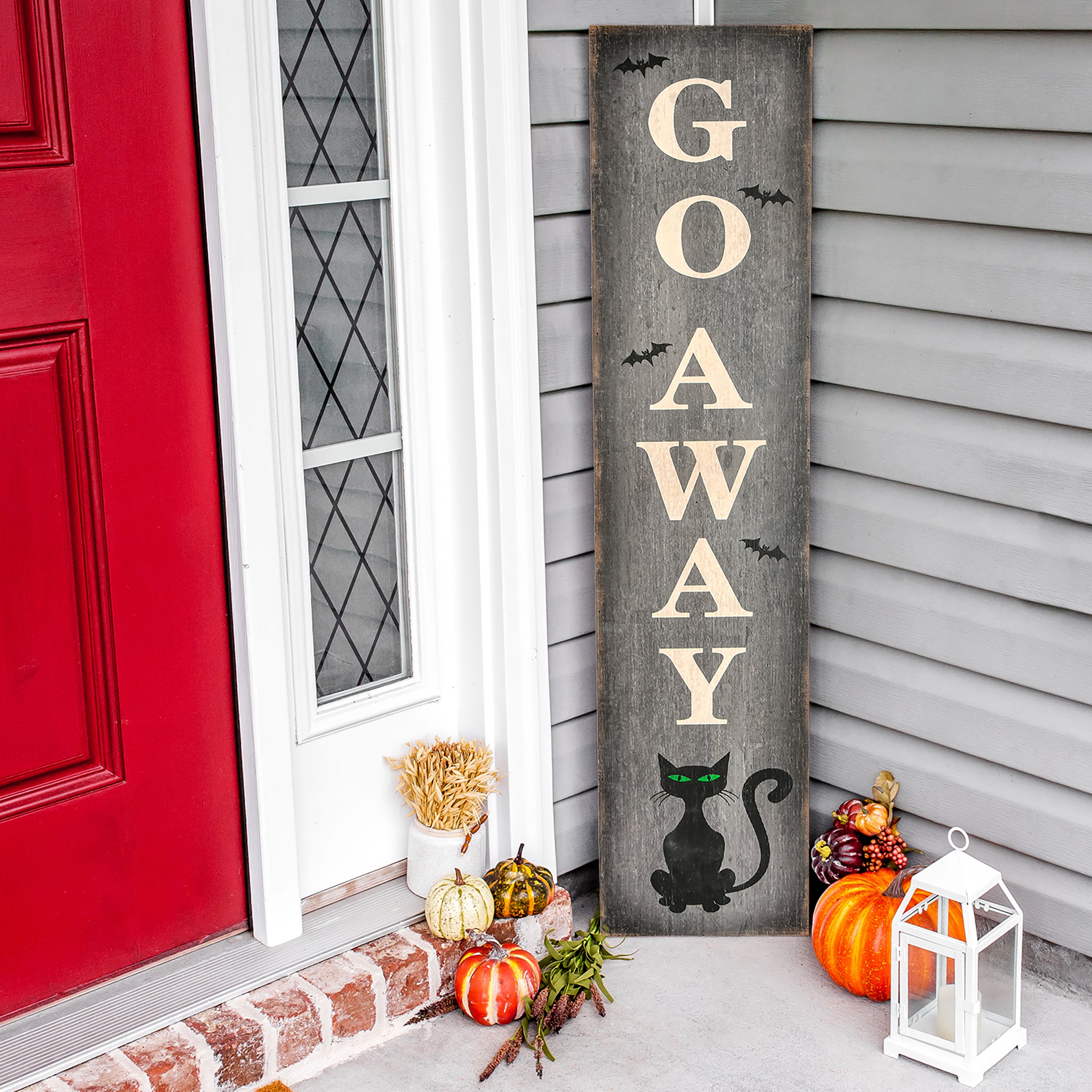 Halloween Hanging Porch Sign, Gray, 'Go Away', Wooden Construction, 39 Inches
