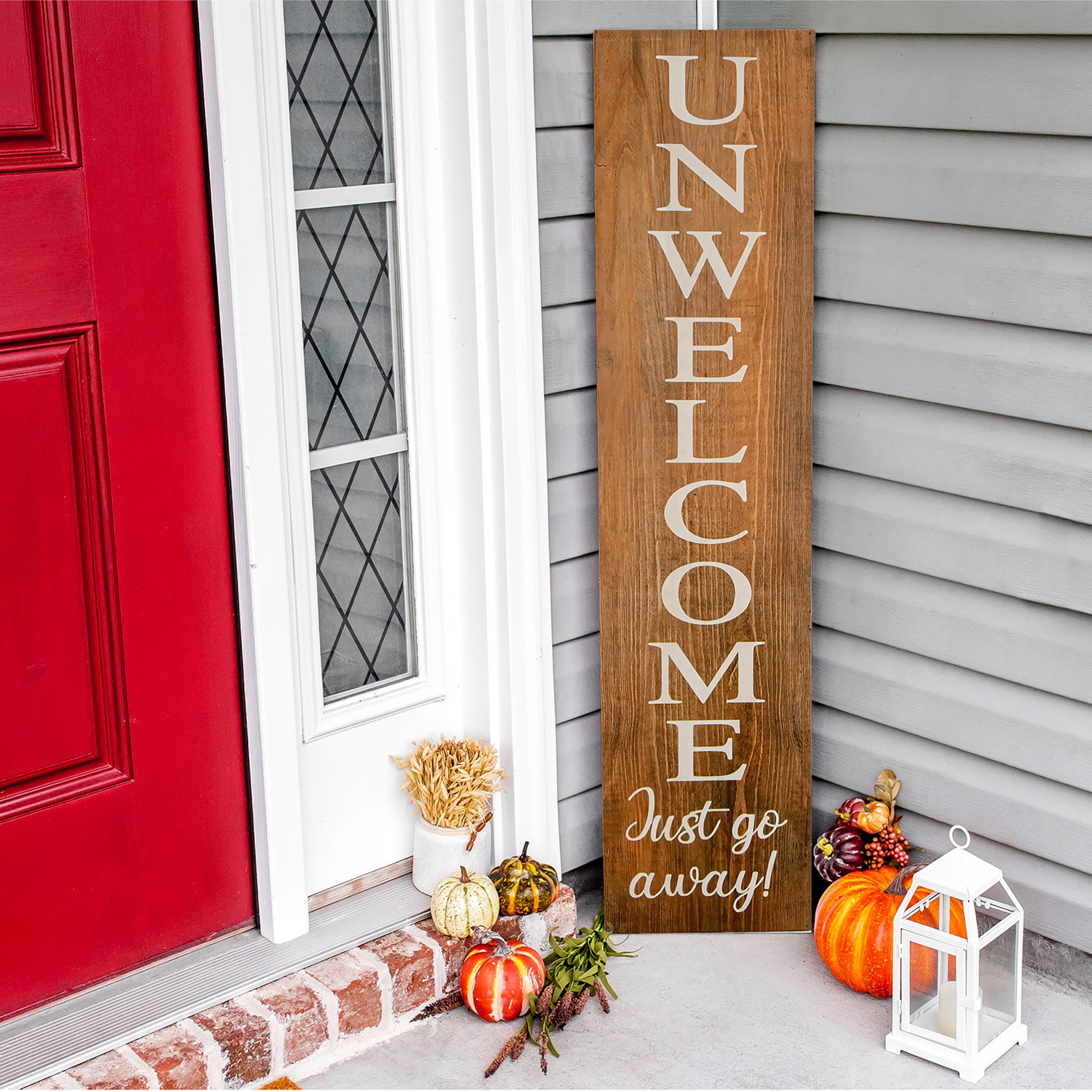 Halloween Hanging Porch Sign, Natural, 'Unwelcome, Just Go Away', Wooden Construction, 39 Inches