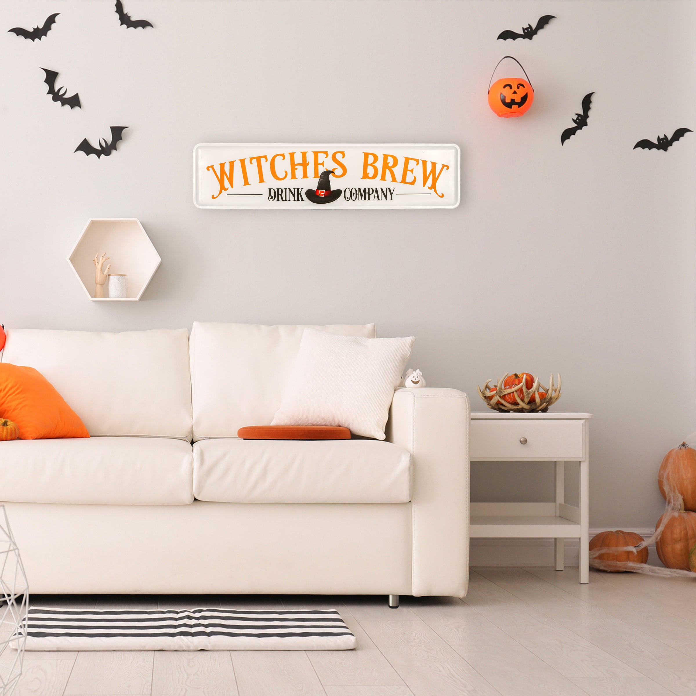 Halloween Hanging Wall Decoration, White, 'Witches Brew Drink Company', Metal Construction, 31 Inches
