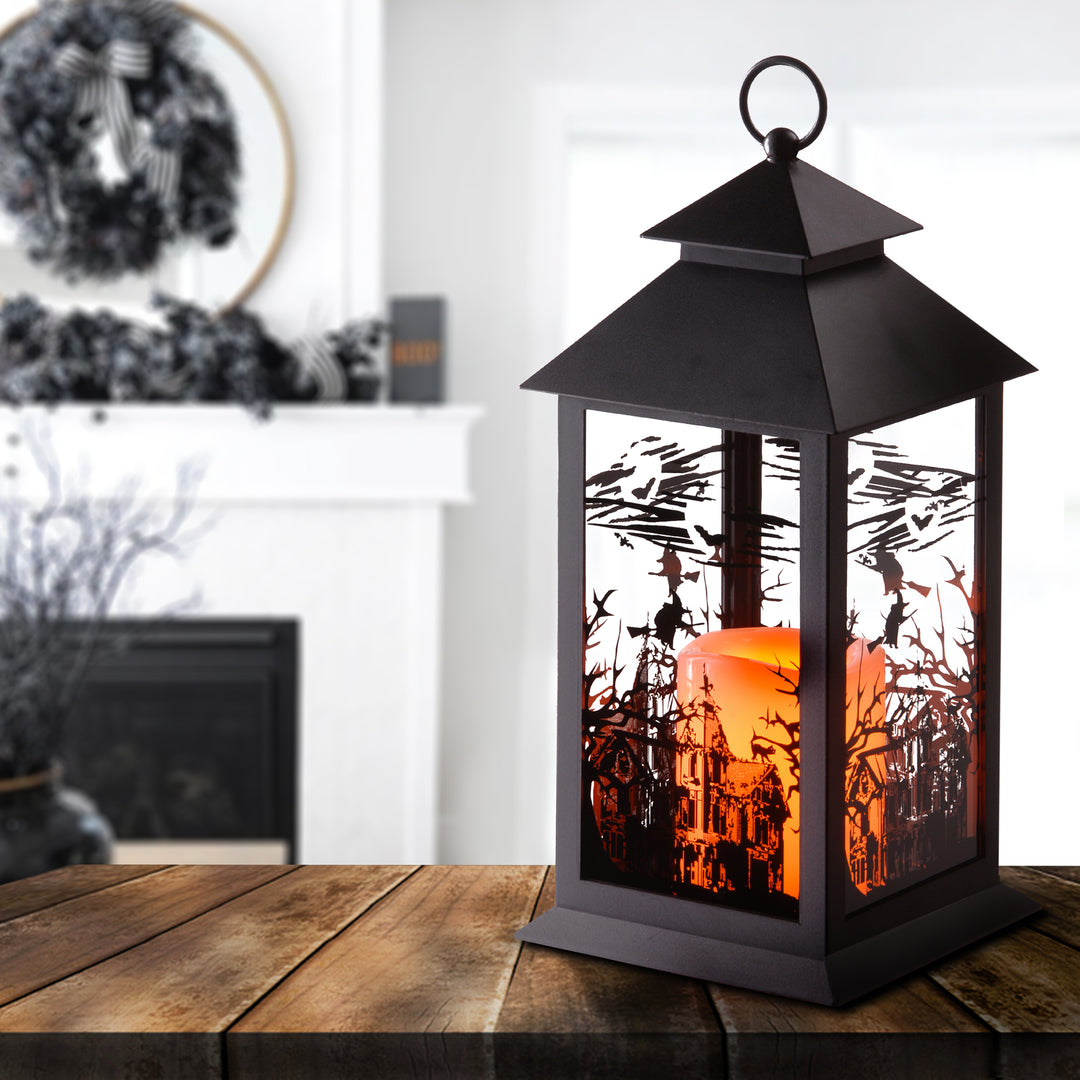 Halloween Lantern with LED Lights, Carved Images of Witches, Haunted House, 12 inches
