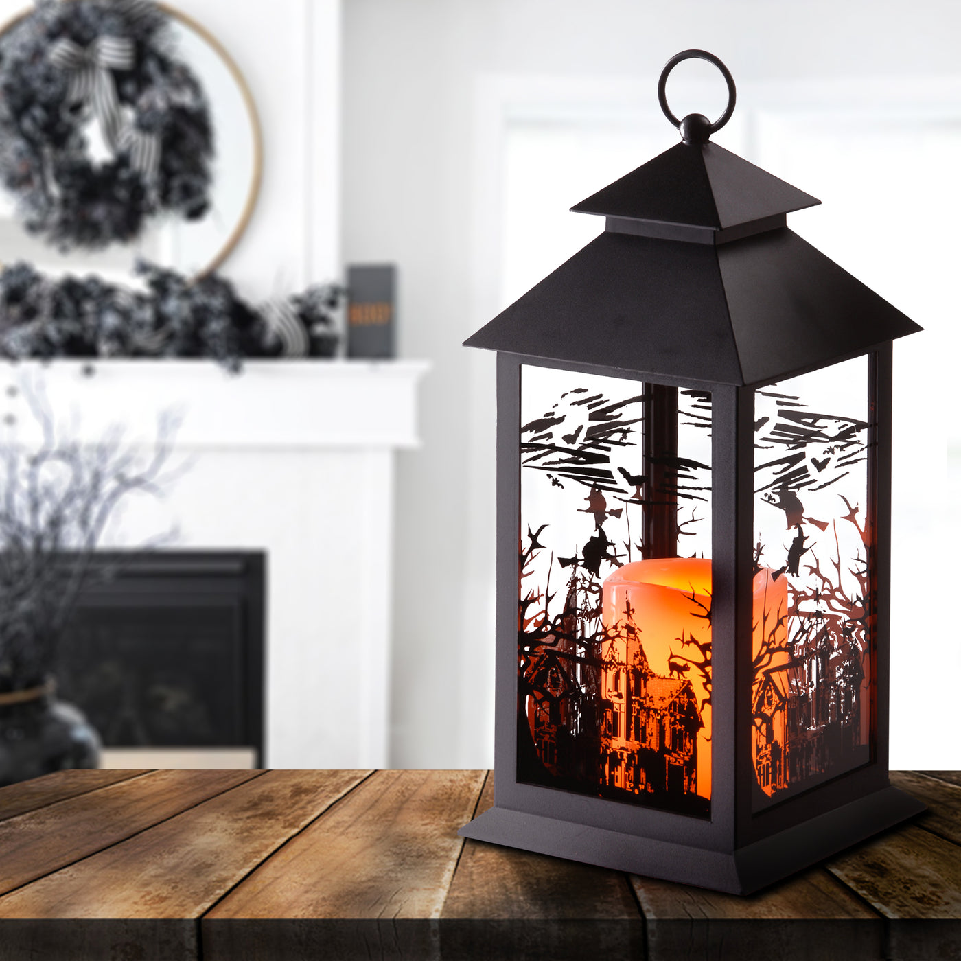 Halloween Lantern with LED Lights, Carved Images of Witches, Haunted House, 12 inches - National Tree Company