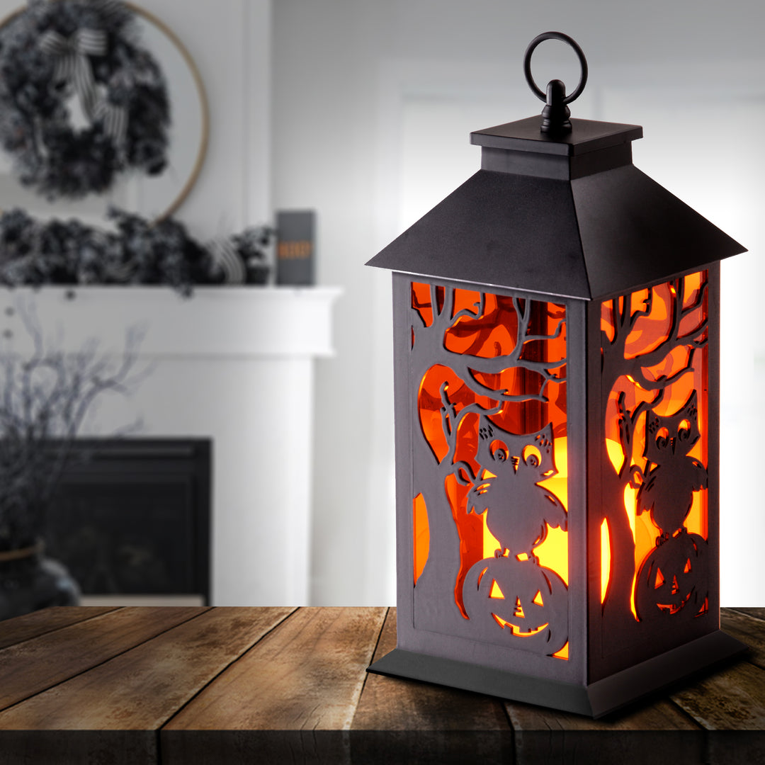 Halloween Lantern with LED Lights, Carved Images of Owls, Pumpkins, Leafless Trees , 12 inches