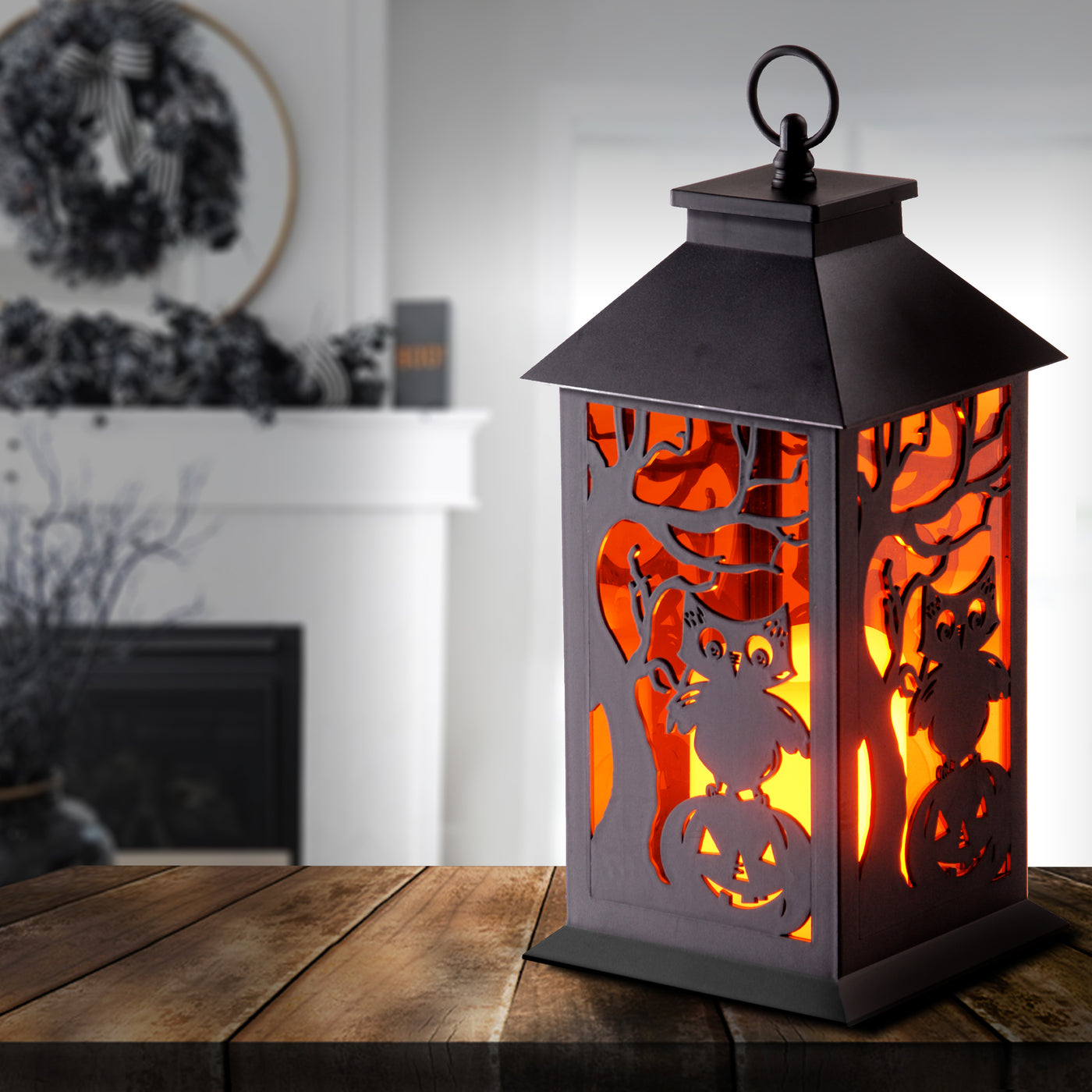 Halloween Lantern with LED Lights, Carved Images of Owls, Pumpkins, Leafless Trees , 12 inches - National Tree Company